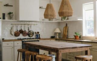 A cosy kitchen with white cupboards, wooden worktops, a rustic wooden table, and four stools. Pots and pans hang above a cooker. Two woven pendant lights hang from the ceiling. Light streams in through two windows on the right, illuminating the space.